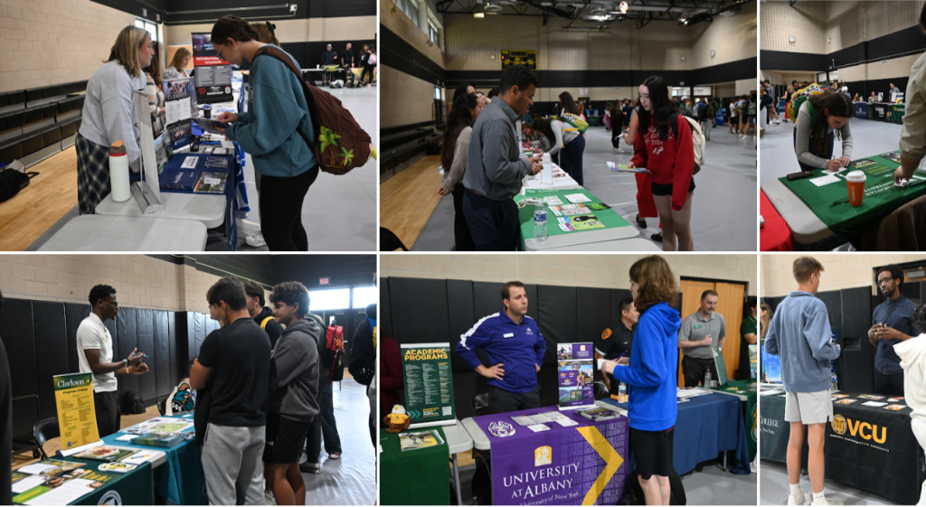 A collage of six photos showing people interacting at various informational booths inside a large hall.